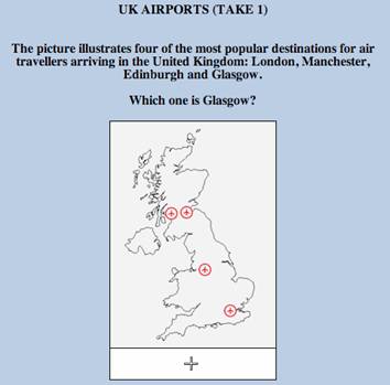 [Figura con un mapa del Reino Unido y cuatro marcas indicando posibles ubicaciones del aeropuerto de Glasgow. El alumno debe seleccionar la marca correcta] 
