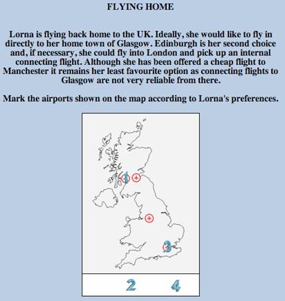 [Mapa del Reino Unido con cuatro marcas representando cuatro aeropuertos distintos. El alumno debe arrastrar cuatro números (del uno al cuatro) sobre los aeropuertos en para ordenarlos según el texto de la pregunta] 