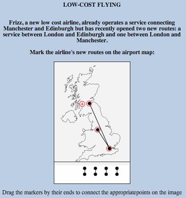 [Mapa del Reino Unido en el que el alumno debe conectar pares de puntos correspondientes a rutas entre aeropuertos]