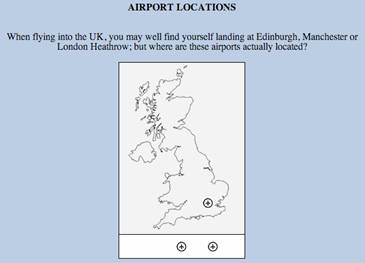 [Mapa del Reino Unido en el que alumno debe arrastrar unas marcas a la ubicaciones donde creen que están los principales aeropuertos] 