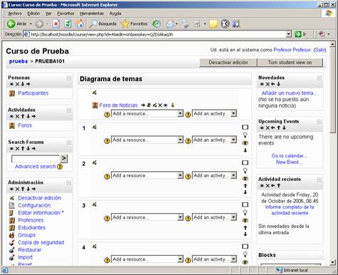 [Captura de pantalla que muestra la interfaz de usuario para la edición de cursos. En este caso, se observa el mecanismos para añadir nuevos recursos y actividades al contenido del curso]
