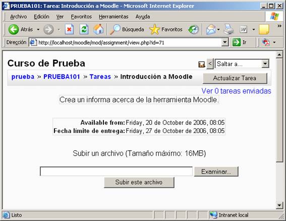 [Captura de pantalla en la que se observa la interfaz usada por el alumno para enviar sus trabajos completados].