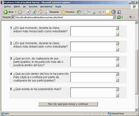 [Captura de pantalla que muestra la pantalla en la que el alumno responde a una encuesta. Aparecen las distintas preguntas acompañadas de un cuadro para escribir las respuestas correspondientes].