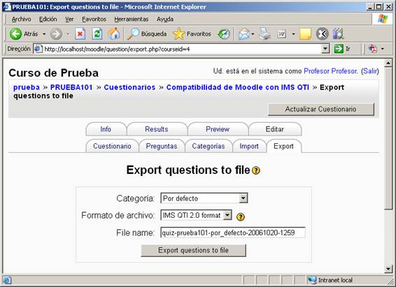 [Captura de la exportación de preguntas. Se pide al usuario que indique la categoría, el formato (en la captura aparece indicado QTI-2.0) y en nombre del fichero que se desea generar].