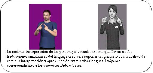 Se aprecian dos personajes, uno masculino (Dido) y otro femenino (Tessa), desarrollados por empresas anglosajonas para servir de interpretes virtuales a la comunicación en LS.