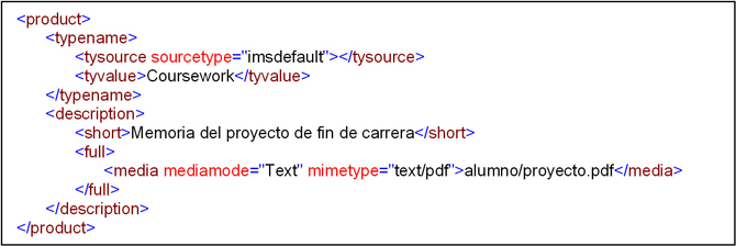 Se muestra un fragmento de un documento XML con una referencia a un fichero PDF que se adjunta correspondiente a la memoria de su proyecto de fin de carrera.