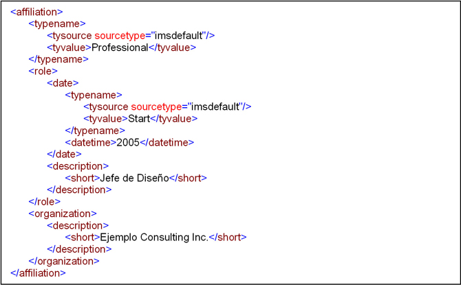 Se muestra un fragmento de un documento XML con una única sección affiliation que codifica los datos correspondientes a la organización del ejemplo y el cargo del alumno en la misma.