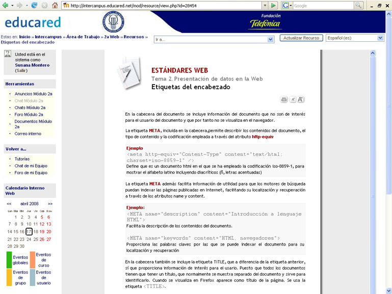 Captura de un Objeto Digital de un módulo (etiquetas del encabezado) del master estándares web del portal educared.